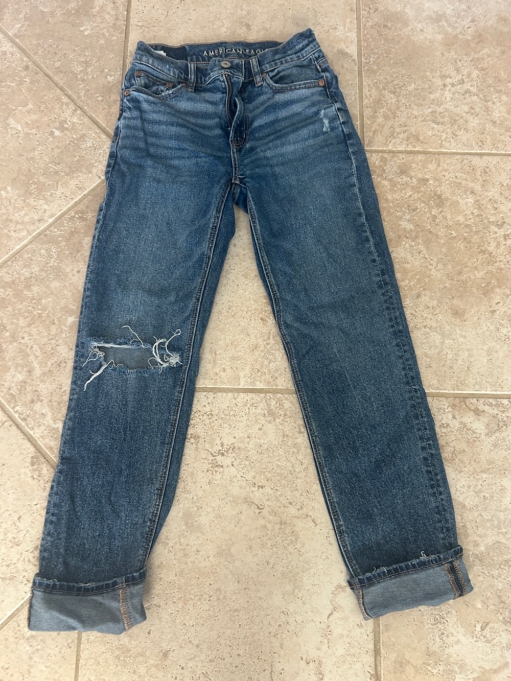 American Eagle Outfitters Women's Boyfriend Jeans - Medium Blue Distressed